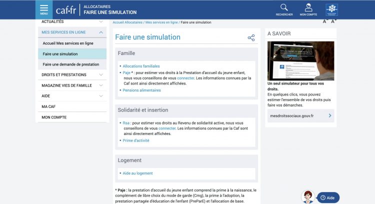 Page de présentation des simulations des aides de la caf