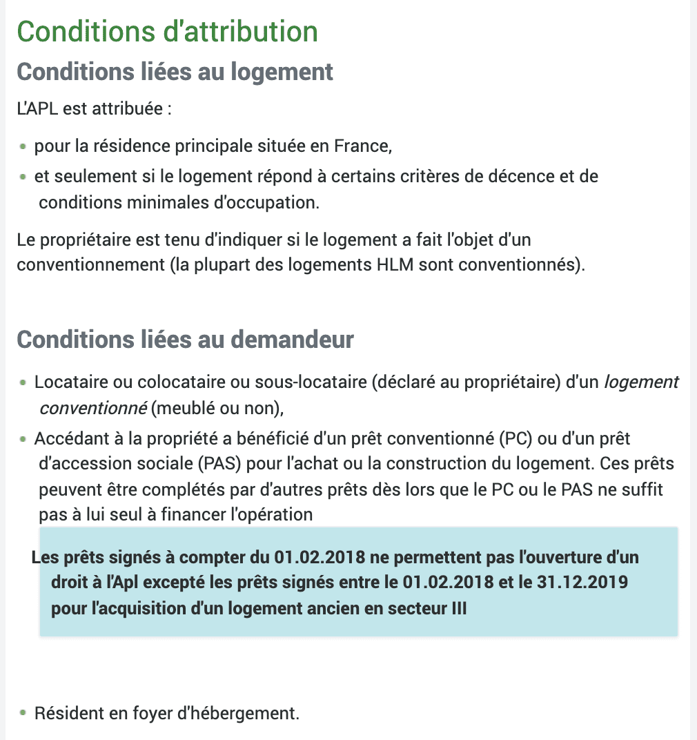 Le récapitulatif des conditions d'attribution de l'apl de la caf, après avoir effectué la simulation