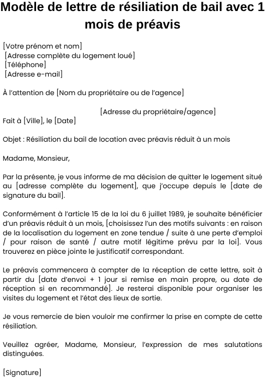 Modèle de lettre de résiliation de bail avec 1 mois de préavis